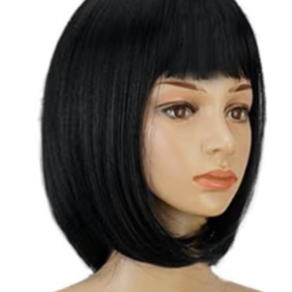 Sleek Black Bob Wig Straight Black 12 Inch Cute Natural Synthetic Hair - Picture 3 of 5